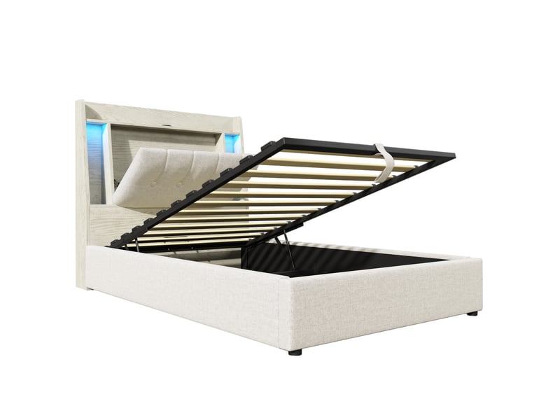 Lit rembourré beige 90x200 cm avec rangement, usb-c et led - Conforama D