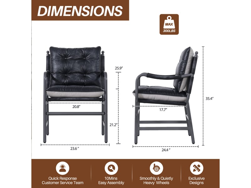  Fauteuil d'appoint avec accoudoirs et assise rembourrée pour salon, en cuir véritable et métal noir  - Conforama D