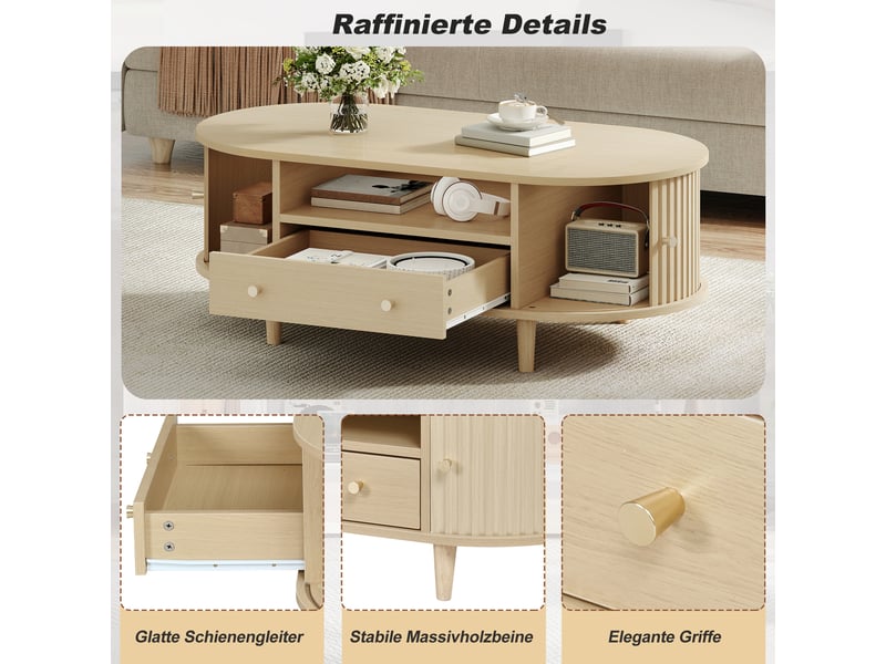 Table basse fixe avec tiroir, couleur bois, 100 x 50 x 36 cm, 1 tiroir, porte coulissante et rangement ouvert - Conforama B