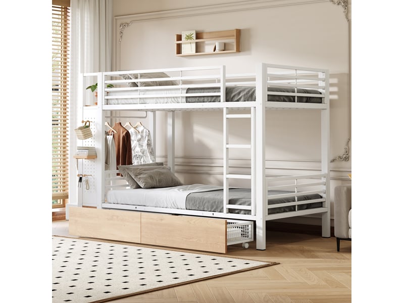  Lit superposé 90 × 200 cm 2 places, 4 tiroirs, éclairage led, sans matelas, en métal et mdf blanc  - Conforama C