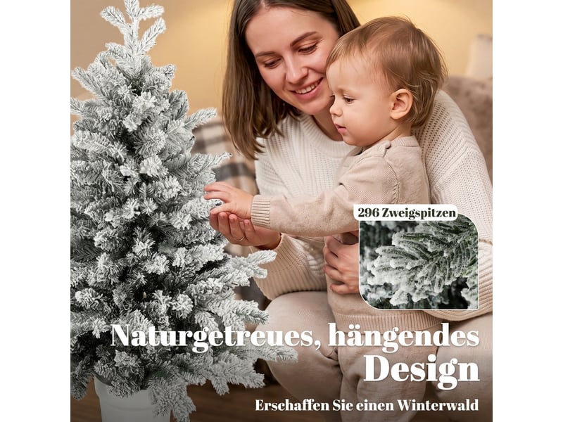  Mini sapin de noël de 90 cm avec 296 extrémités de branches, pot effet neige, mini sapin de table pour la maison ou le bureau, blanc  - Conforama E