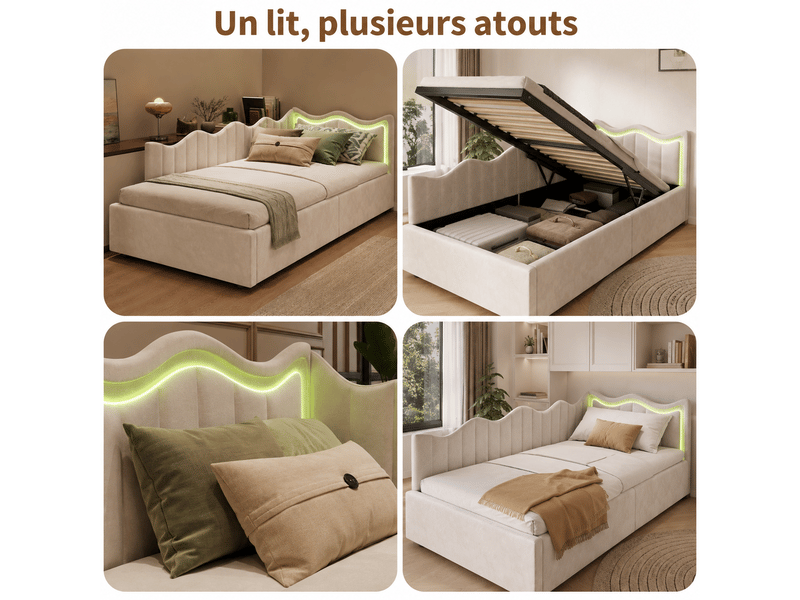 Lit capitonné 90x200cm avec led - lit enfant avec sommier - coffre de rangement - 1 personne - lit de jour - tissu sherpa - blanc - Conforama R