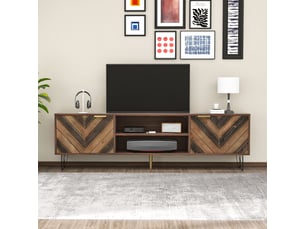 Meuble tv bois massif 155 cm avec 2 portes et pieds en métal, finition naturelle