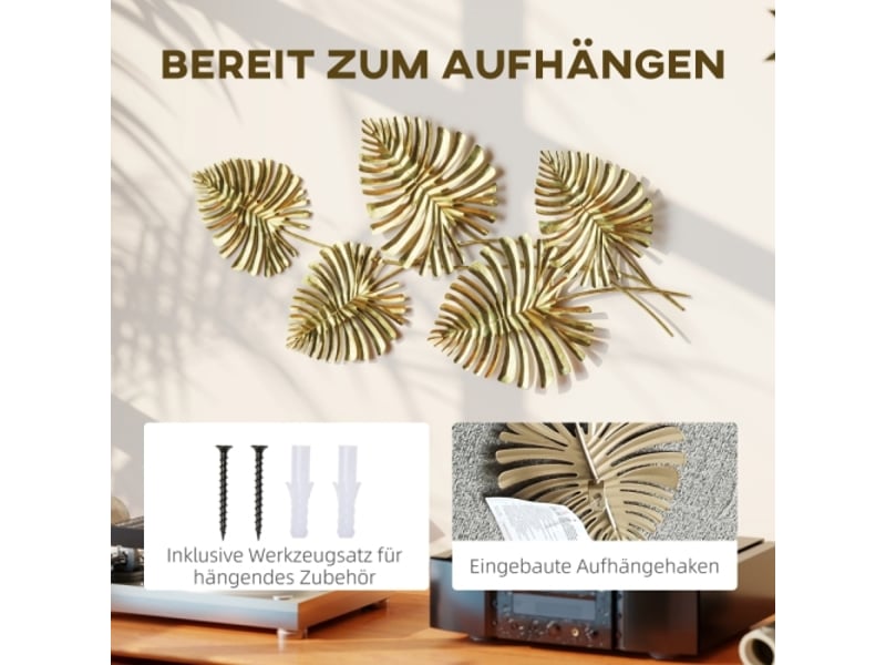 Set de décorations murales en métal doré, motif feuilles, finition peinte, style élégant - Conforama D