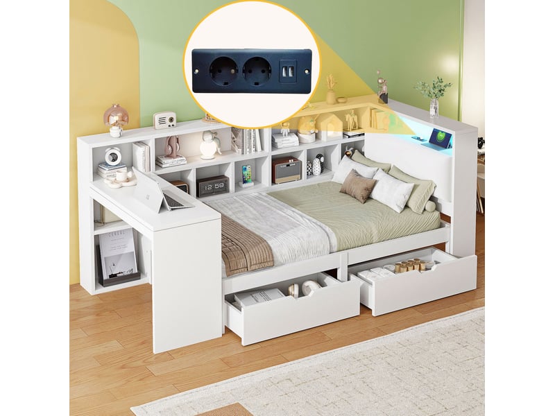 Lit enfant 90x200cm bureau intégré tiroirs tête capitonnée led mdf contreplaqué, tissu lin blanc sans matelas - Conforama D