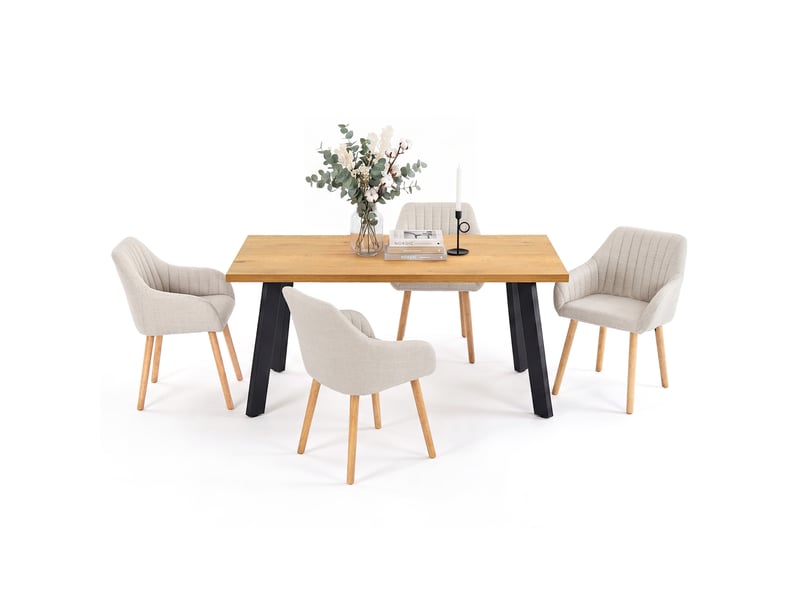 Ensemble table et 4 chaises - table rectangulaire 160x80 cm monobloc en chêne sauvage et pieds métal, 4 chaises en tissu beige et pieds bois - Conforama A