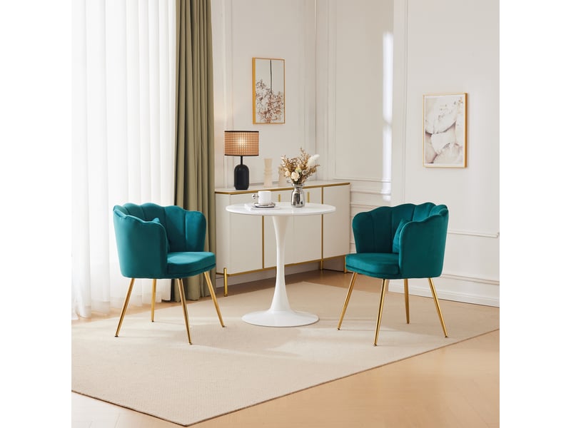  Lot de 2 fauteuils 58x63x77 cm, dossier à pétales, pieds en métal doré et coussins papillon, confortable, velours vert  - Conforama B
