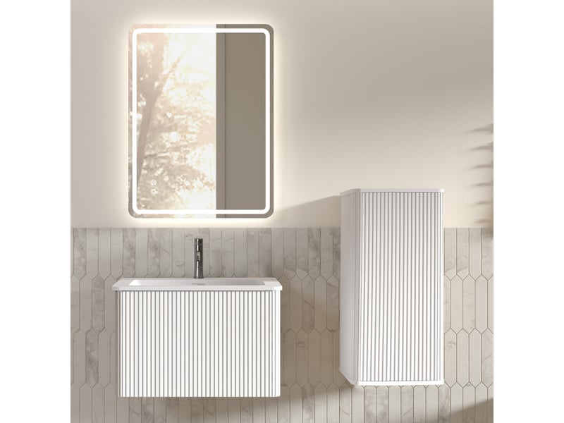  Meuble sous vasque suspendu avec miroir led et colonne de rangement pour salle de bain, blanc  - Conforama C