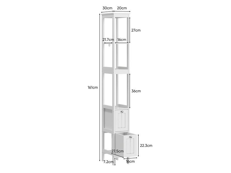  Meuble de salle de bain haut et étroit, 160 x 20 x 30 cm, 2 tiroirs et 3 étagères, meuble autoportant, blanc.  - Conforama B
