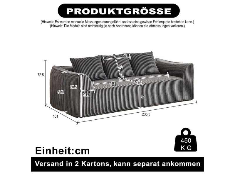  Canapé droit modulable 235 cm en tissu côtelé gris, lignes arrondies, sans montage, assise large pour salon  - Conforama C