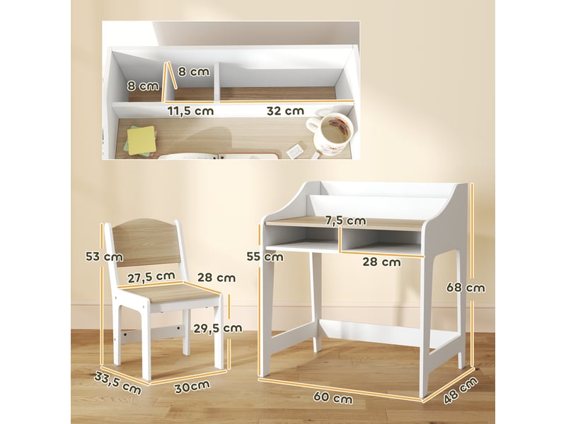  Bureau enfant avec rangements, compartiments ouverts, chaise, 3-8 ans, bois  - Conforama D