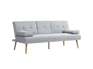 Canapé convertible 3 places, canapé-lit rembourré avec dossier réglable 3 niveaux, 2 coussins et 2 porte-gobelets intégrés, tissu de lin, pour salon, chambre d'amis, gris clair, petit espace