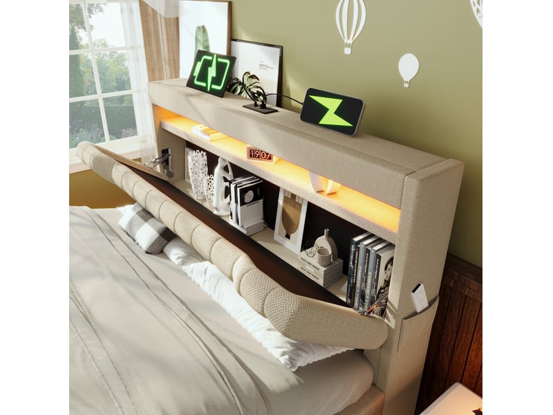  Lit coffre 160x200 cm avec led, usb et type-c, beige, avec matelas  - Conforama D