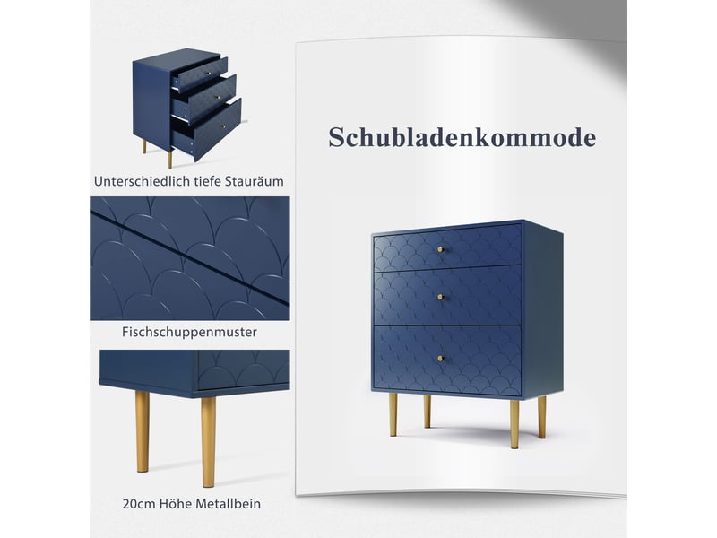  Buffet 75x40x89 cm, commode 3 tiroirs, plateau motif écailles, glissières qualité, aggloméré + métal, bleu marine  - Conforama R