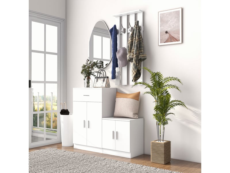  Étagère à chaussures avec porte-manteau intégré pour entrée et chambre, en bois blanc, 100 x 32 x 187 cm  - Conforama D
