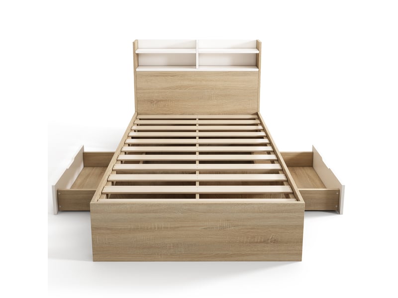 Lit enfant 90x200 cm – blanc et chêne – 2 tiroirs, niches ouvertes, tête de lit et matelas inclus - Conforama D