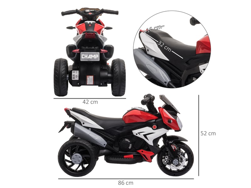  Tricycle électrique pour enfants à 3 roues, batterie rechargeable 6v, fonctions musicales, klaxon, phares, 86 x 42 x 52 cm, noir et rouge  - Conforama D