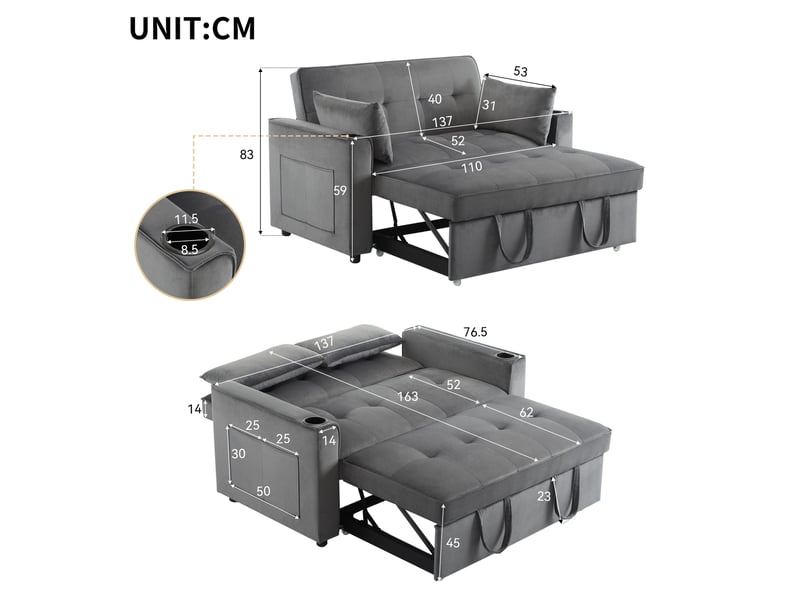 Canapé convertible 2 places en velours avec fonction lit, dossier inclinable 3 positions, porte-gobelets, poches de rangement et coussins inclus - gris - Conforama E