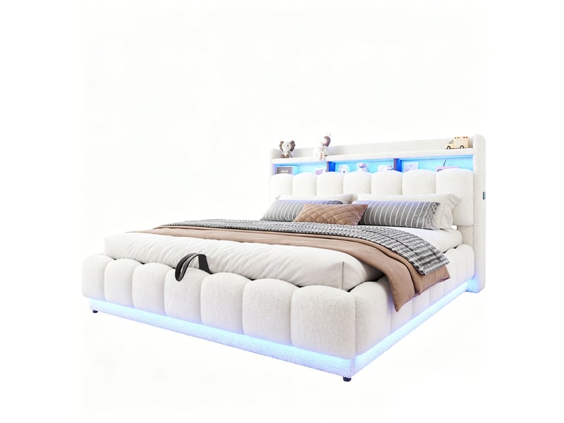  Lit coffre 180 × 200 cm, tissu bouclette, led, port usb, sommier métallique, grand rangement hydraulique, blanc  - Conforama A