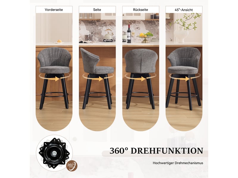  Lot de 2 tabourets de bar,52,5x51x92,5 cm,pivotants,chenille,gris  - Conforama E
