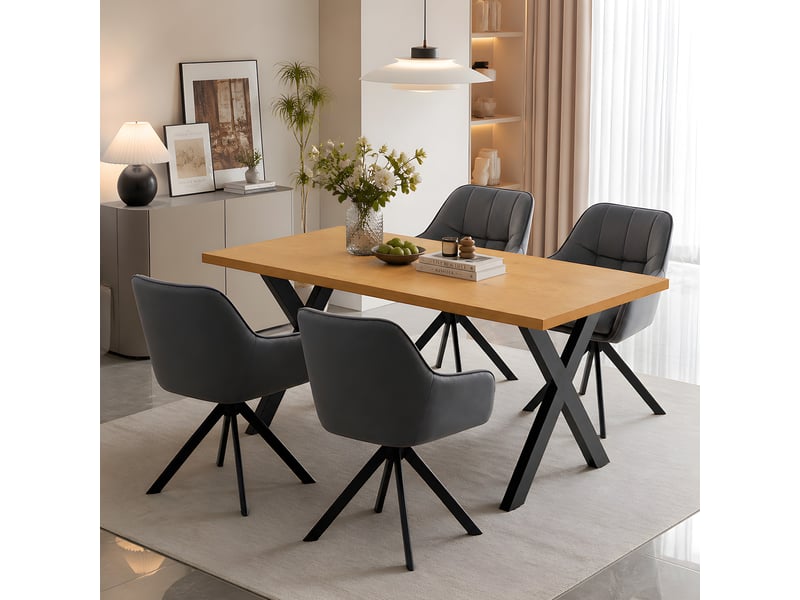 Ensemble table et 4 chaises - table rectangulaire 160x80 cm monobloc en chêne sauvage et pieds métal, 4 chaises en velours gris foncé et pieds métal - Conforama B