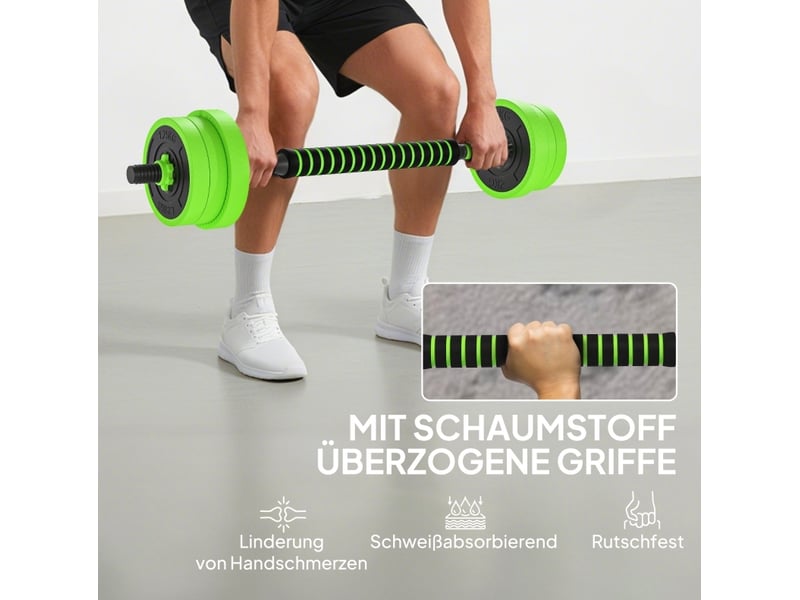 Set d'haltères réglables 4 en 1 20 kg 95x20x20 cm – vert – barre, kettlebell et poignées de pompes - Conforama D