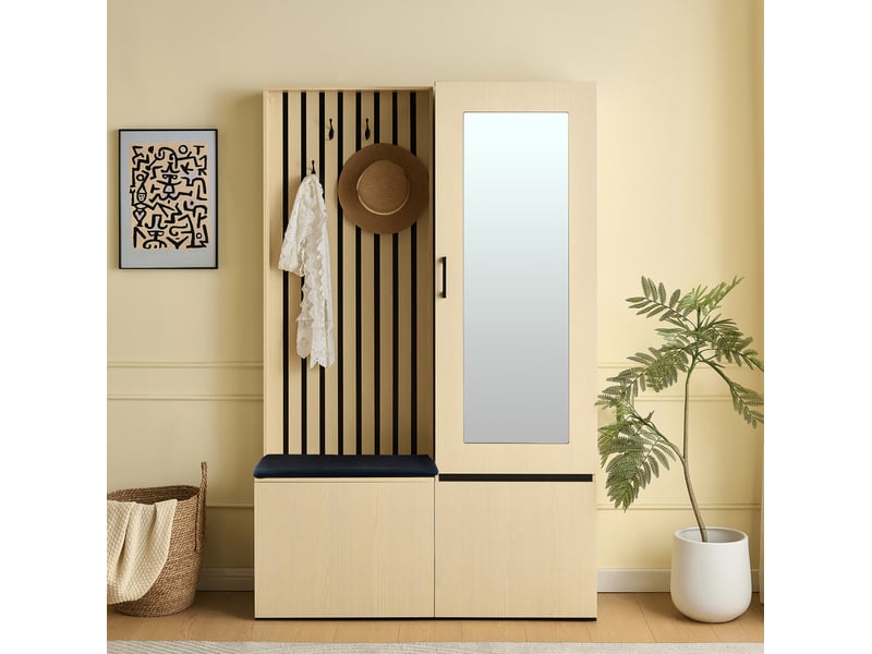  Meubles d'entrée avec miroir, banc rembourré, tringle coulissante, rangement à chaussures et 4 crochets en mdf, bois  - Conforama C