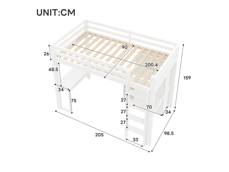  Lit mezzanine 90x200 cm avec bureau, rangement, led et usb blanc  - Conforama C