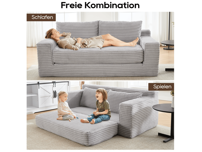  Canapé convertible 2 places 2-en-1 sans montage, en mousse à mémoire de forme et tissu velours côtelé gris clair  - Conforama C