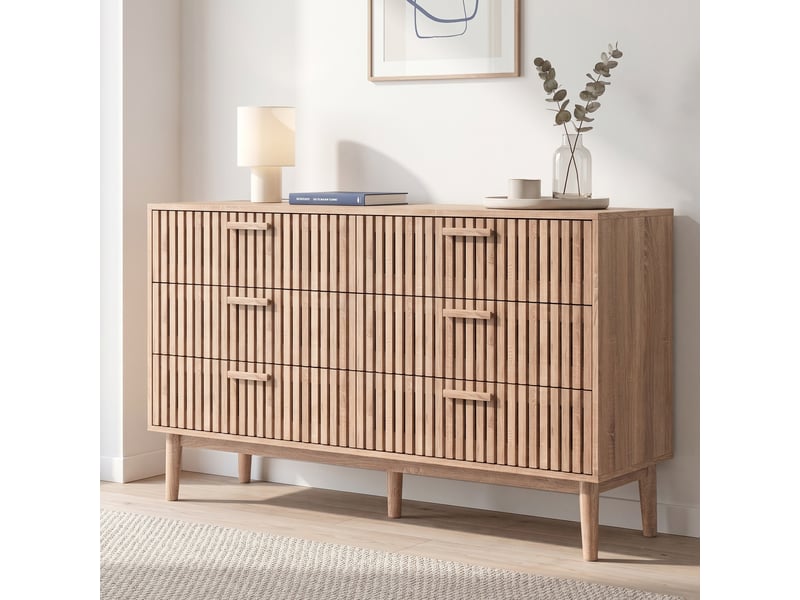 Commode 6 tiroirs, meuble de rangement 100x34x73cm, avec dispositif anti-basculement, en bois, style naturel, couleur bois - Conforama B