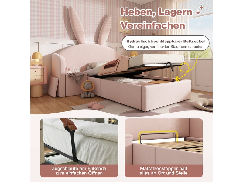  Lit enfant 90x190 cm avec rangement - lit coffre hydraulique - tête de lit oreilles de lapin - velours - rose  - Conforama W