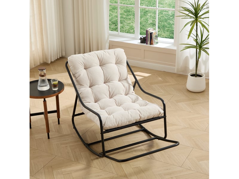  Fauteuil à bascule extérieur en acier noir avec coussin blanc épais, 75 × 116 × 82 cm, pour vos moments détente  - Conforama B