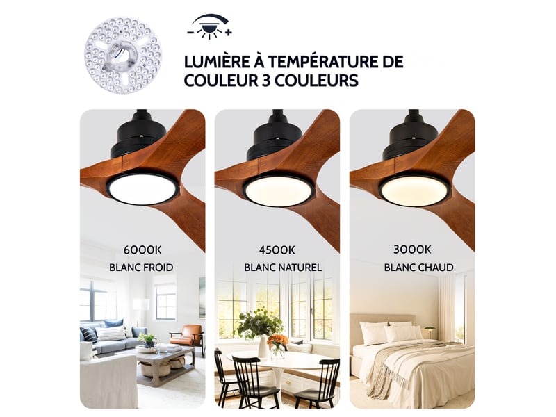  Ventilateur de plafond 107 cm avec lumière, pales en bois massif - moteur dc silencieux réversible, double commande pour chambre et salon  - Conforama C