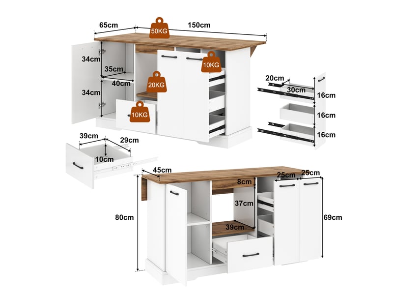  Desserte de cuisine avec 1 tiroir, 3 tiroirs verticaux, étagères réglables et plateau rabattable, 150 × 65 × 80 cm  - Conforama D