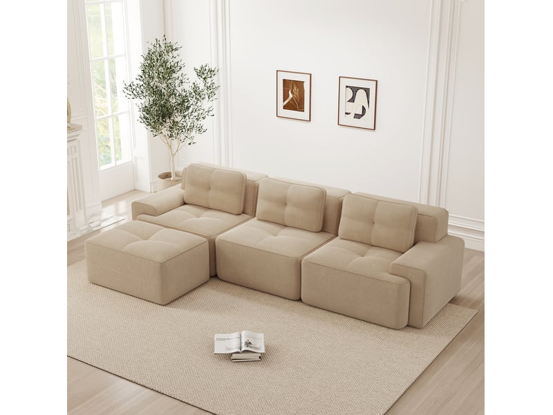 Canapé d'angle modulable ulevr 3 places avec pouf, sans montage, 293 x 177 cm, velours côtelé beige - Conforama D