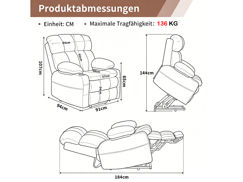  Fauteuil relax électrique,91x91x106.5 cm,avec aide au lever,chenille,marron  - Conforama C