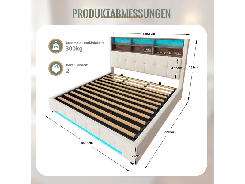  Lit coffre 180x200 avec rangement, tête de lit multifonction et led evryae  - Conforama E