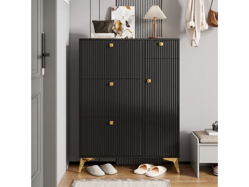  Meuble à chaussures noir 3 abattants, 1 tiroir et 1 porte, façade ondulée, l 90 x p 25 x h 121 cm  - Conforama C