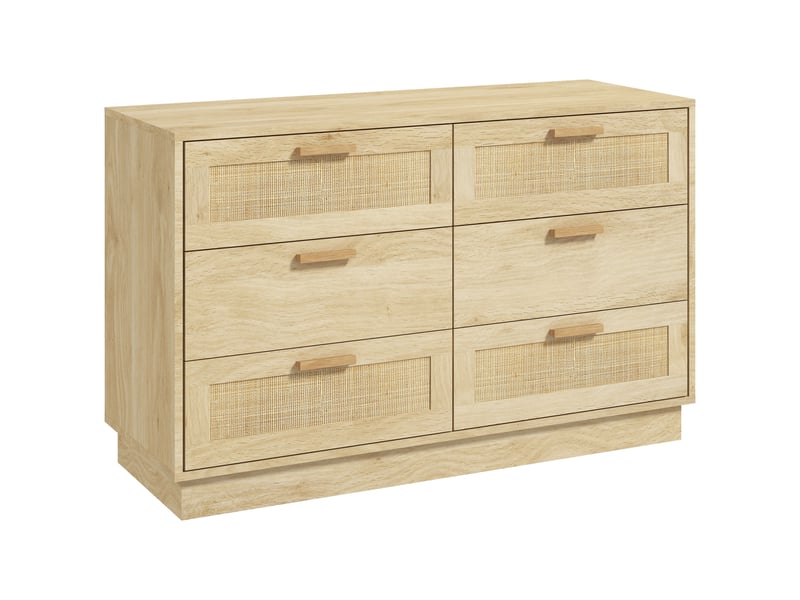  Commode design bohème en rotin avec 6 tiroirs, meuble de rangement pour le salon, le couloir, chêne, l'entrée  - Conforama B