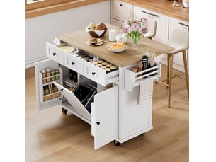 Îlot de cuisine mobile 131,2 x 46,2 cm – blanc et naturel – plateau extensible et rangements optimisés
