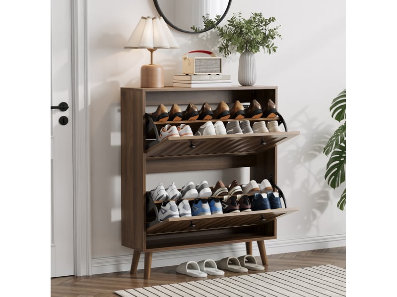  Meuble à chaussures,80x24x95 cm,2 abattants et rangement,mdf,effet noyer  - Conforama C