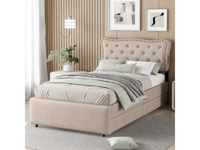  Lit moderne simple 90x200 cm avec 2 tiroirs, lin et mdf, beige foncé, sans matelas  - Conforama W
