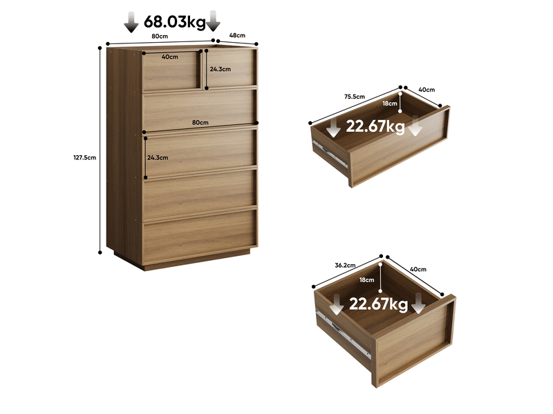  Commode 80x48x127 cm, 6 tiroirs, grand rangement, buffet, sans poignées, meuble cuisine, mdf, aggloméré, couleur chêne  - Conforama C