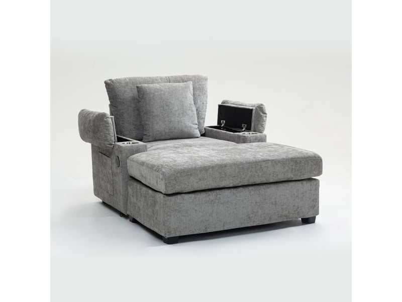 Fauteuil convertible modenvie en tissu chenille gris avec repose-pieds pivotant à 90°, porte-gobelet, rangements et fonction usb, 98 x 148 x 83 cm - Conforama A