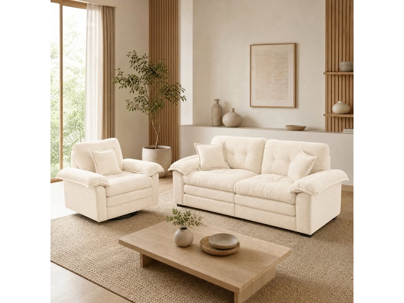  Ensemble de canapés 3 places en chenille beige, canapé 2 places et fauteuil pivotant  - Conforama B