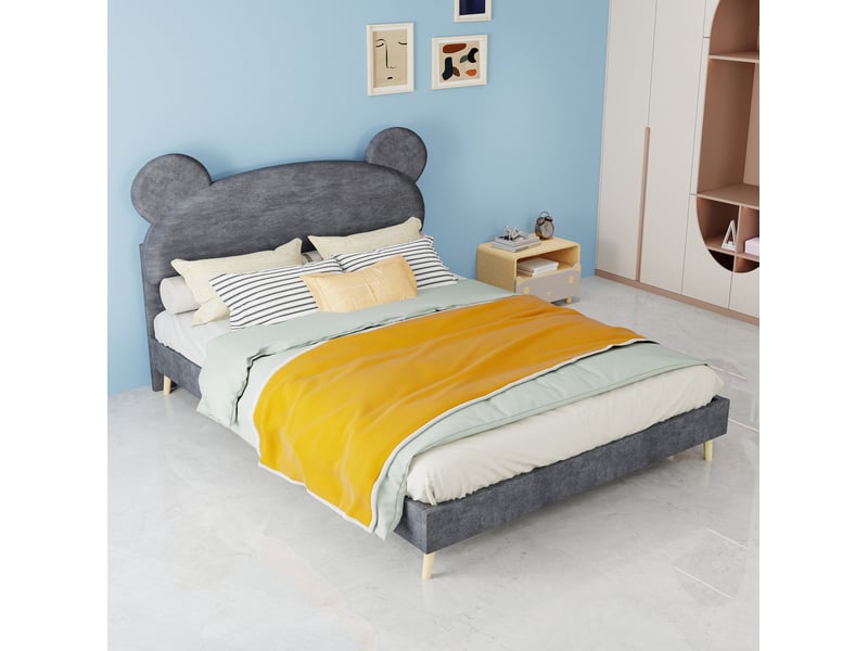 Lit enfant 140x200 cm en tissu gris avec tête de lit oreilles d’ours  - Conforama D