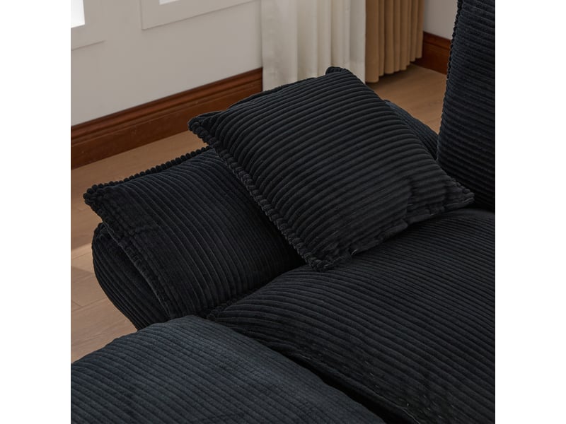 Canapé d'angle 3 places en velours côtelé noir avec 2 poufs et rangement intégré sous le pouf - Conforama E