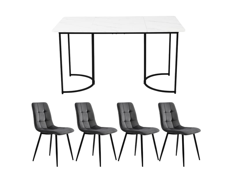 Ensemble table et 4 chaises, table à manger 140 x 80 cm effet marbre blanc, sièges en velours gris foncé et pieds noirs - Conforama E