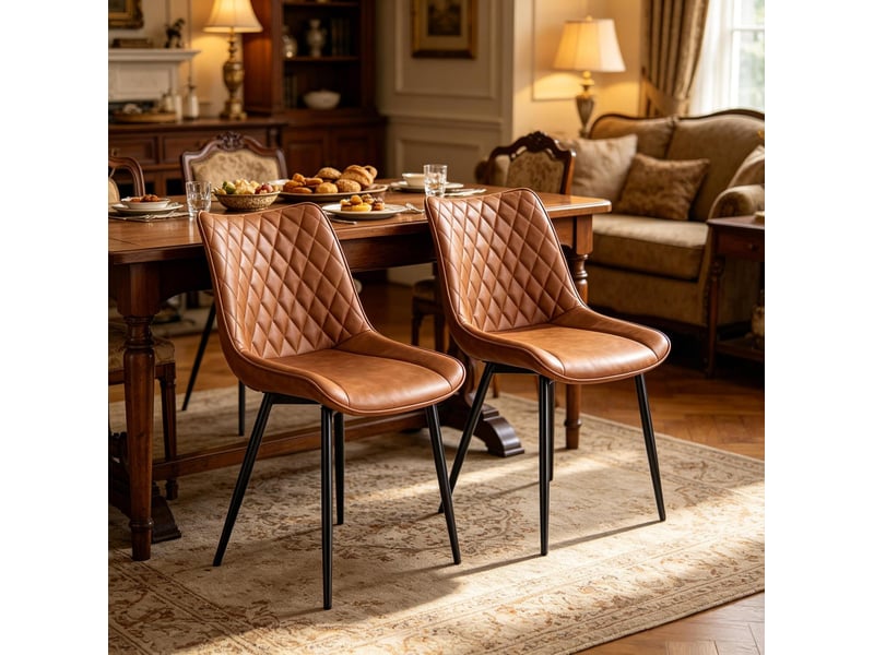  Lot de 2 chaises de salle à manger marron clair en cuir synthétique et métal  - Conforama C
