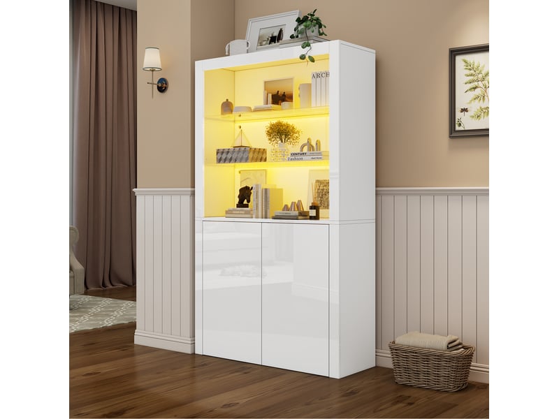  Vitrine avec led réglable, 2 portes et étagères en verre trempé, rangement pour salon, mdf blanc 100 × 35 × 170 cm  - Conforama C